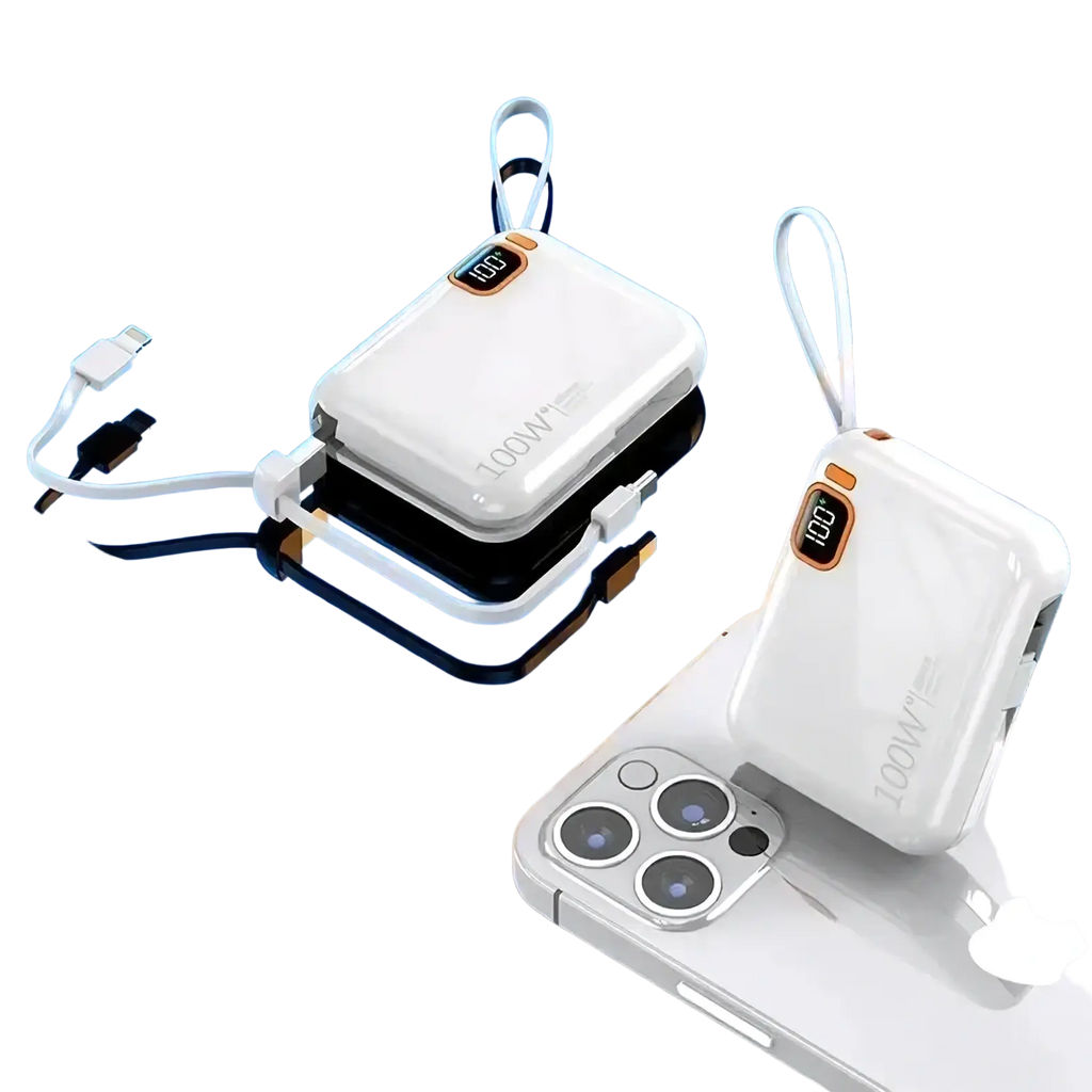 White 100w portable power bank with quick charge 20000mah capacity orange digital display and carrying loop