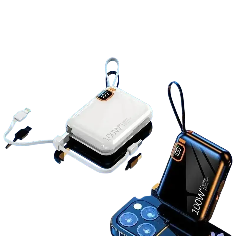 White and black 100w quick charge power banks with orange digital displays and built-in cable for convenient charging