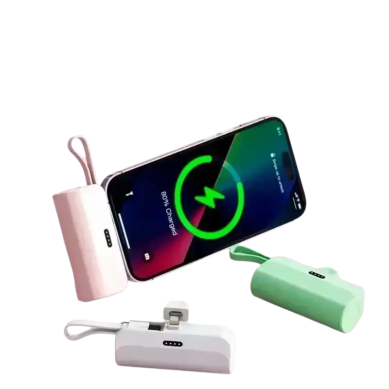 Power bank quick charge portable mini charger in pink and mint green with wrist straps for convenient on-the-go use