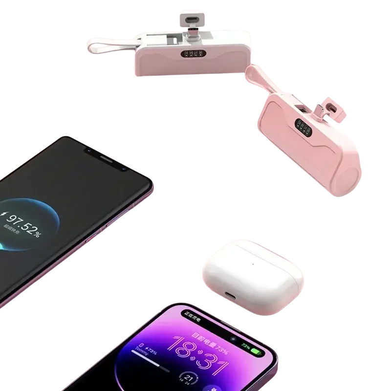 Pink and white quick charge power bank portable mini charger with digital display and wrist strap for net zh-cn users