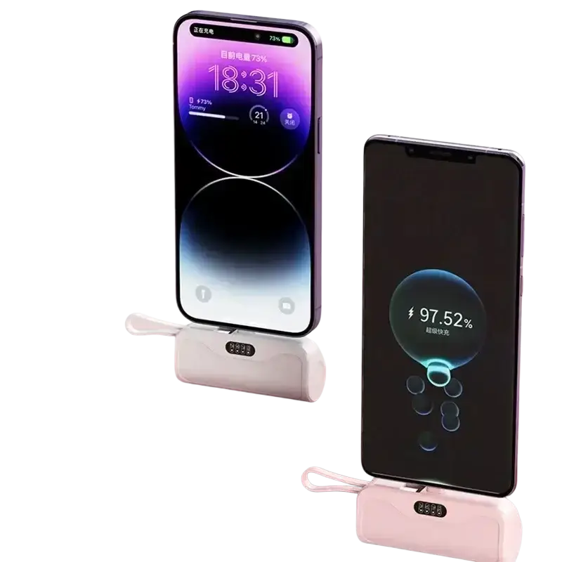 Pink wireless power bank with quick charge feature, portable mini charger, sleek design, and integrated carrying loop