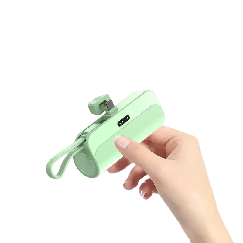 A sleek mint green power bank quick charge portable mini charger with built-in usb-c port and wrist strap for easy carrying