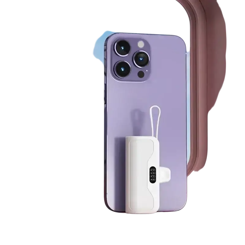 White compact portable mini power bank with quick charge feature looped strap and digital display panel