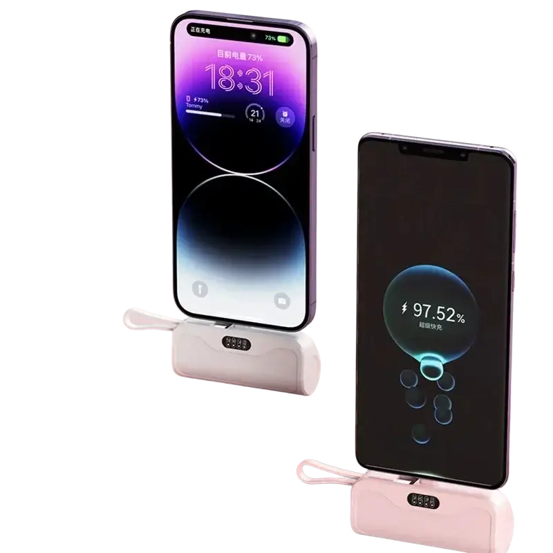 White and pink wireless phone charging stands with digital displays for quick charge power bank portable mini charger