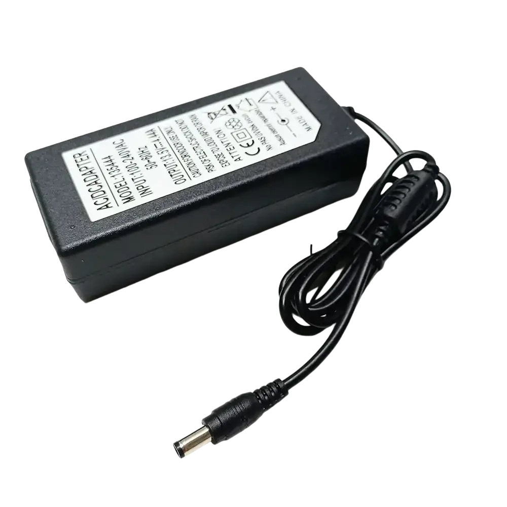 Black plastic power cable charger with coiled cord and cylindrical connector for signal fire fiber fusion splicer