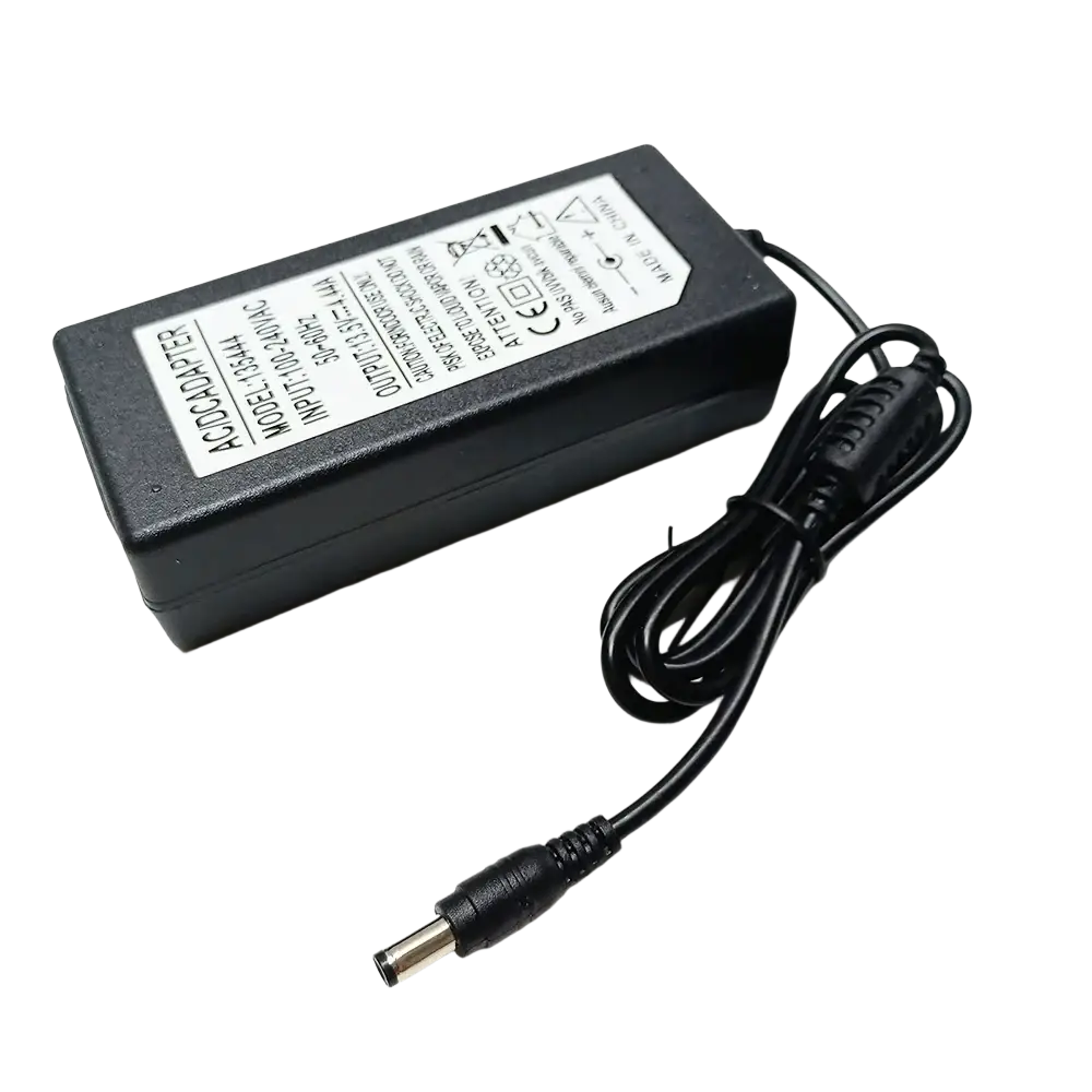 Black plastic power cable charger with coiled cord and cylindrical connector for signal fire fiber fusion splicer