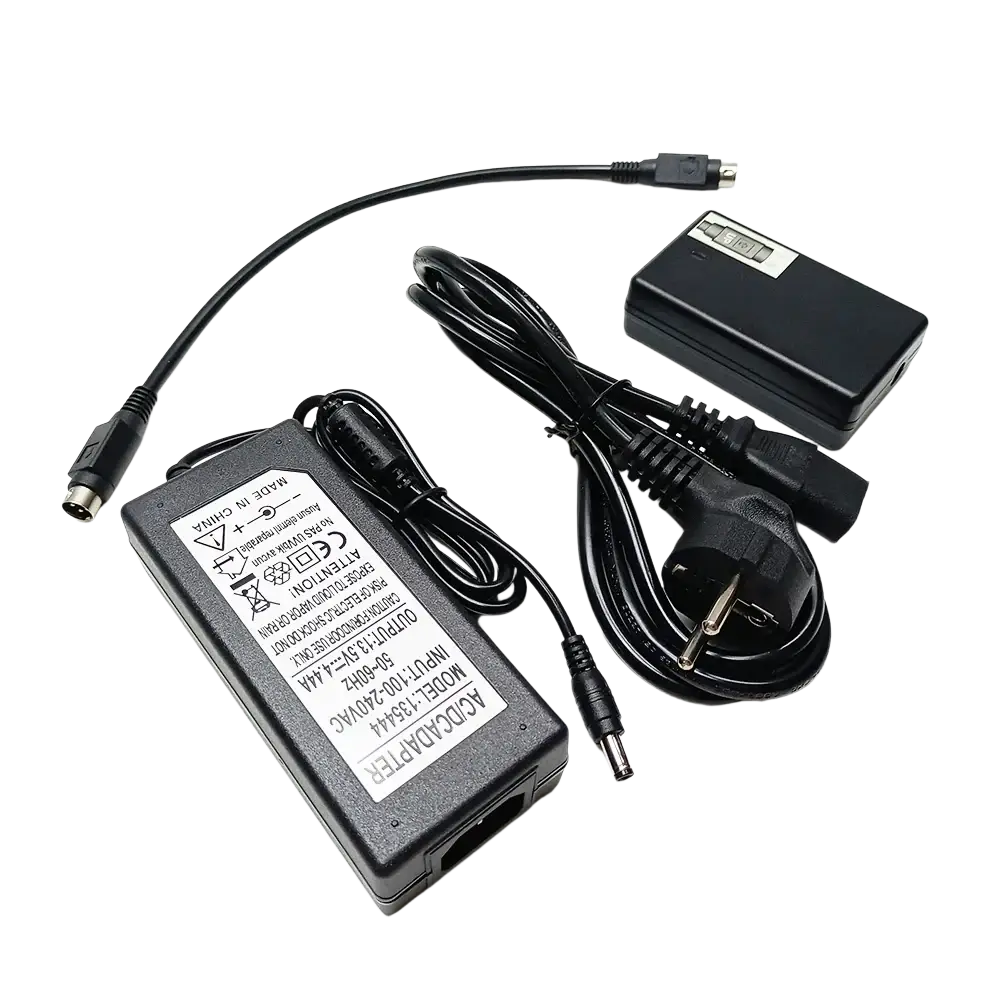 Black plastic power cable charger with coiled cables and european power plug for signal fire fiber fusion splicer