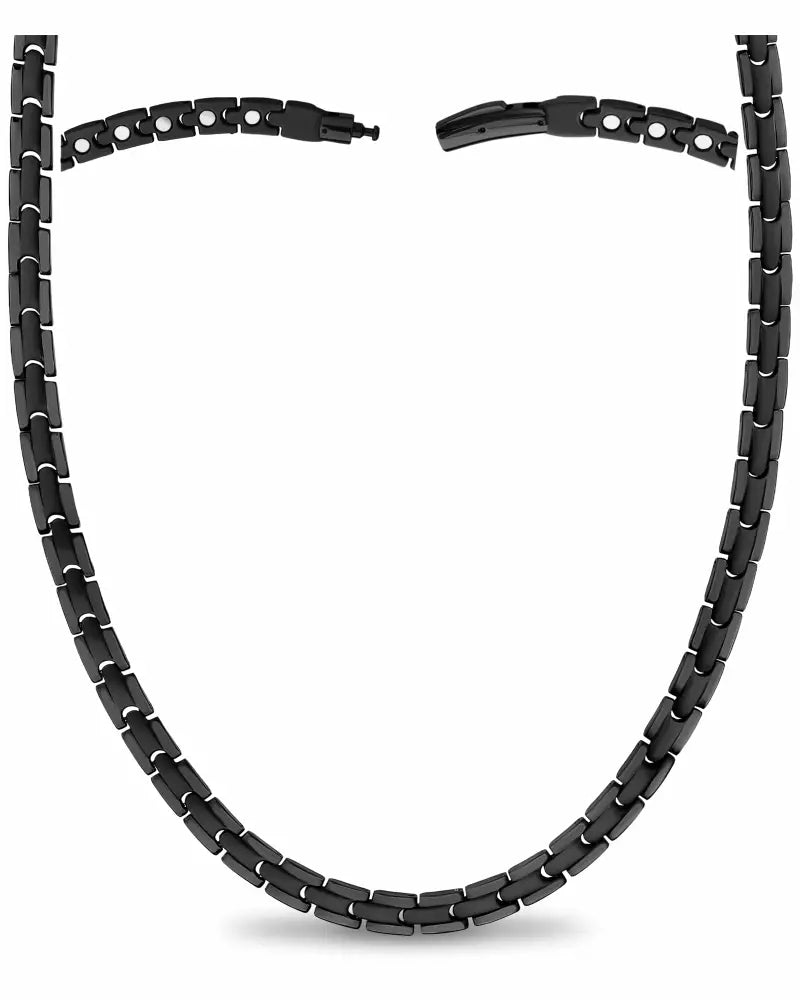 Black titanium magnetic therapy necklace with sleek interlocking rectangular links and polished finish