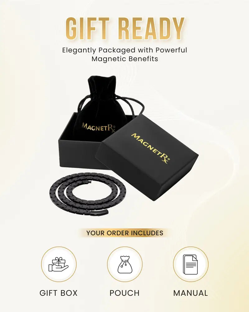 Black titanium magnetic therapy bracelet with sleek segmented design and gold-colored branding featuring neodymium magnets