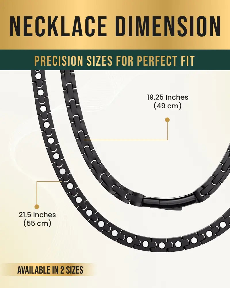 Black titanium magnetic therapy necklace with neodymium magnets in a sleek black ceramic chain available in two sizes