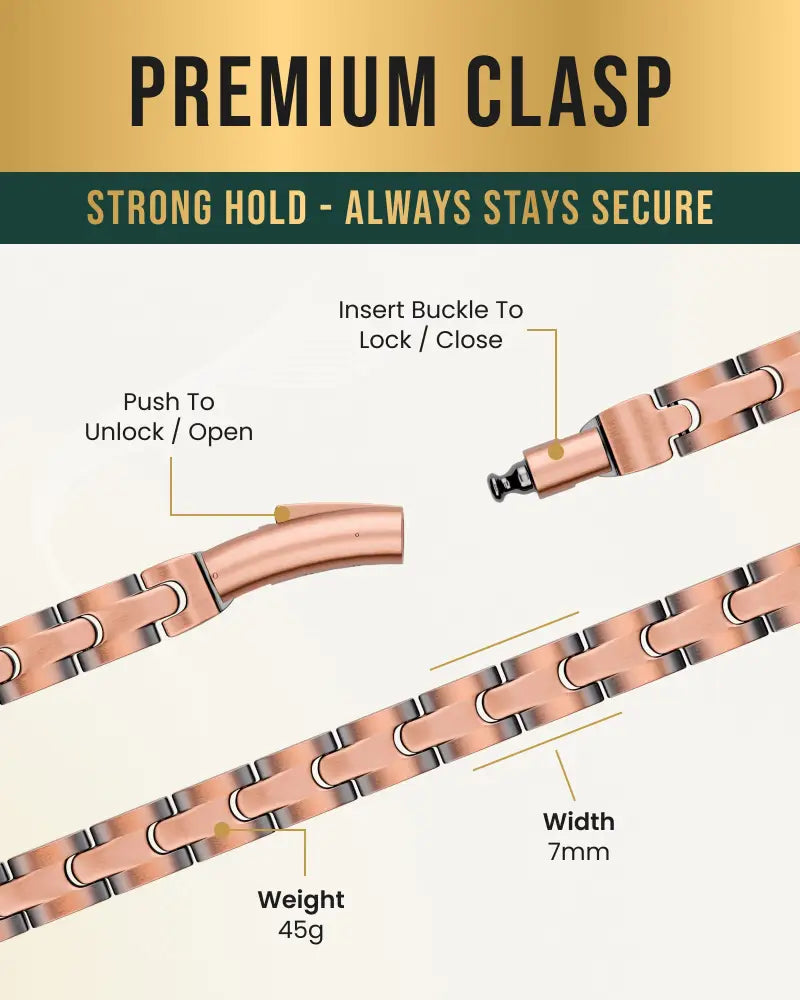 Rose gold-toned metal bracelet with interlocking links and secure premium clasp for classic copper therapy chain necklace
