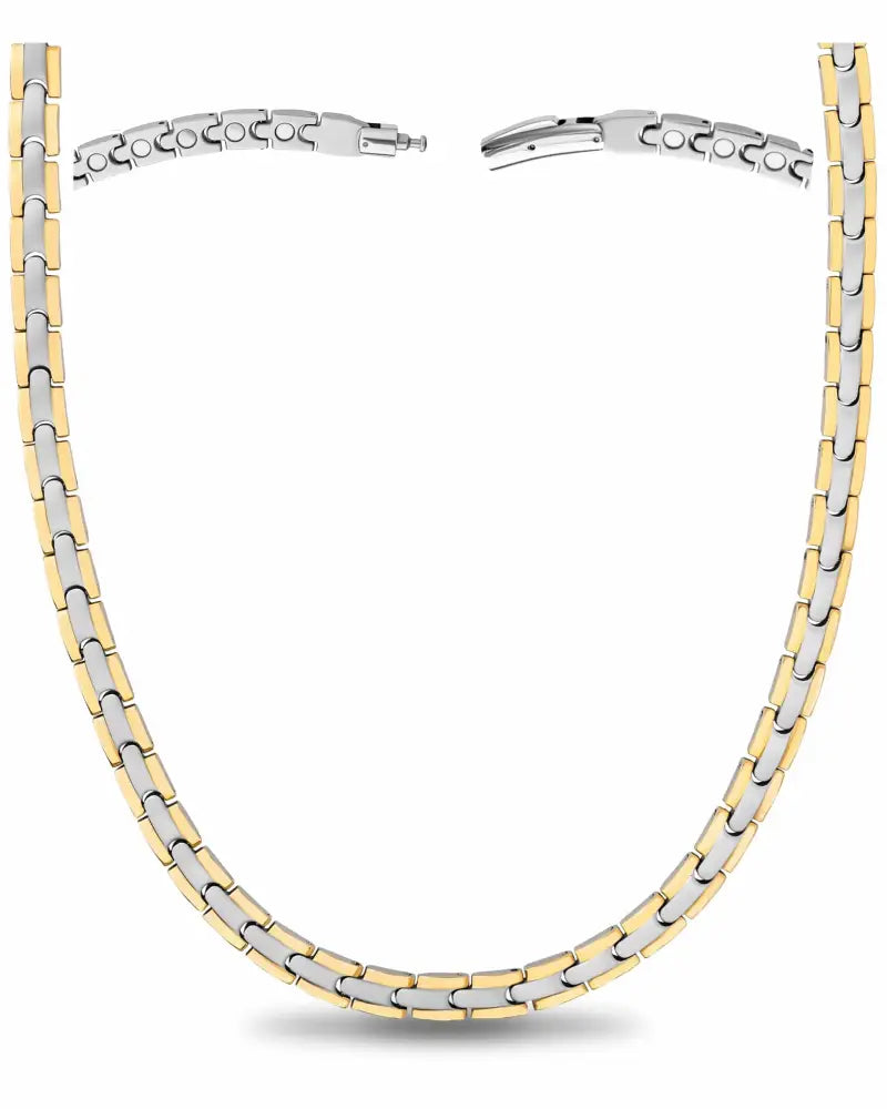 Two-tone titanium magnetic therapy link necklace with alternating gold and silver stainless steel links