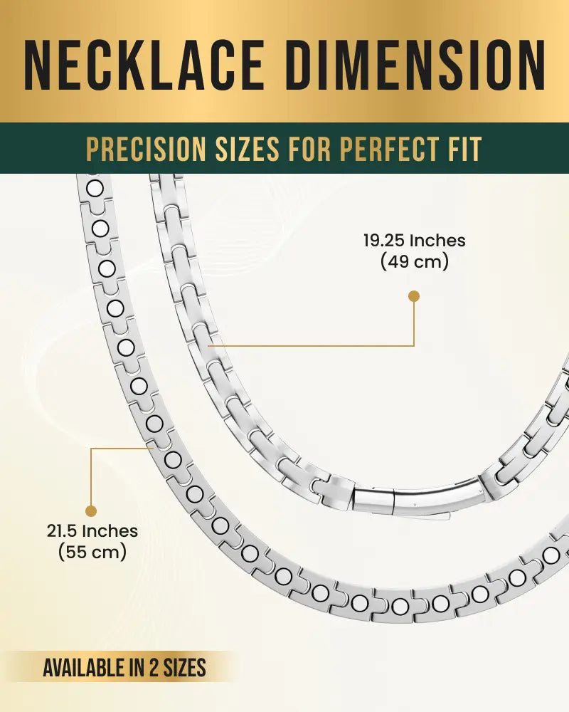 Silver titanium magnetic therapy necklace with 55 magnets featuring a silver-toned interlocking chain in two lengths