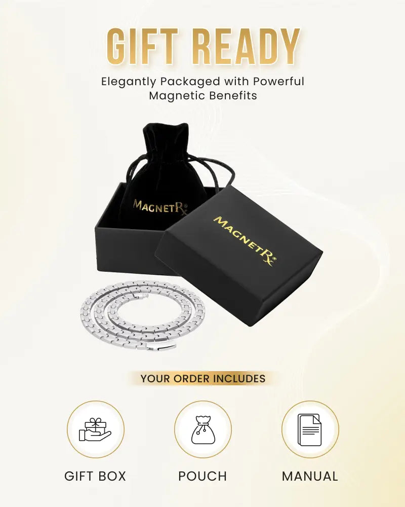 Silver titanium magnetic therapy necklace with 55 magnets featuring a sleek coiled design and subtle engraved detailing