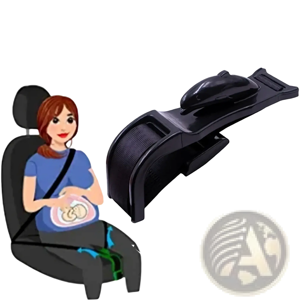 Black plastic pregnant car seat belt adjuster with adjustable strap for secure maternity bump protection in vehicle