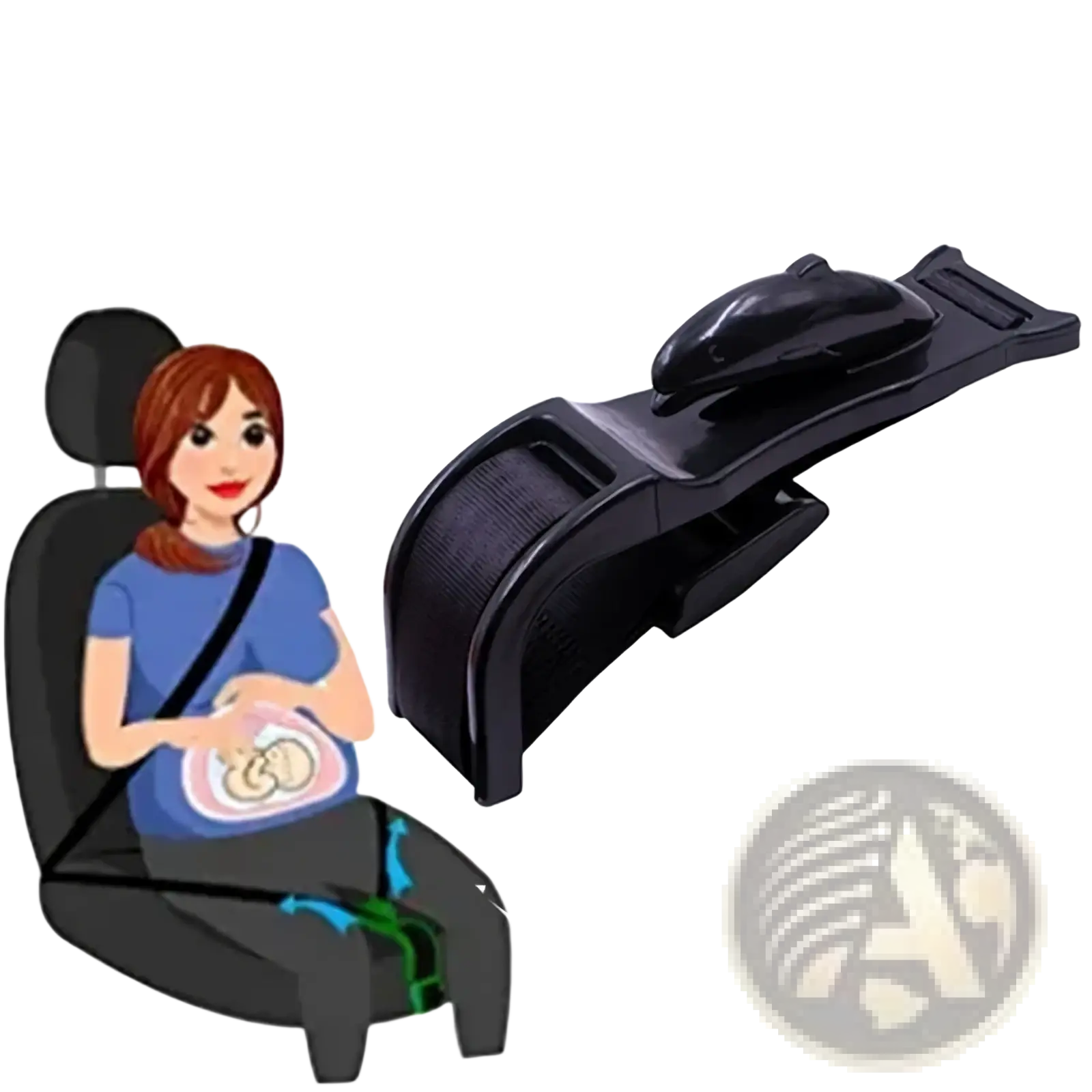 Black plastic pregnant car seat belt adjuster with adjustable strap for secure maternity bump protection in vehicle
