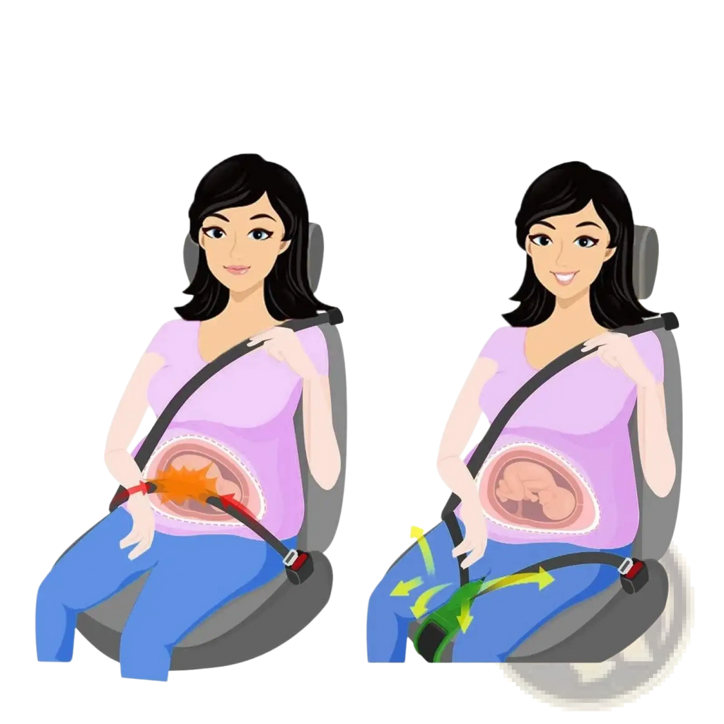 Black pregnant car seat belt adjuster showing correct and incorrect positioning for maternity bump protection use