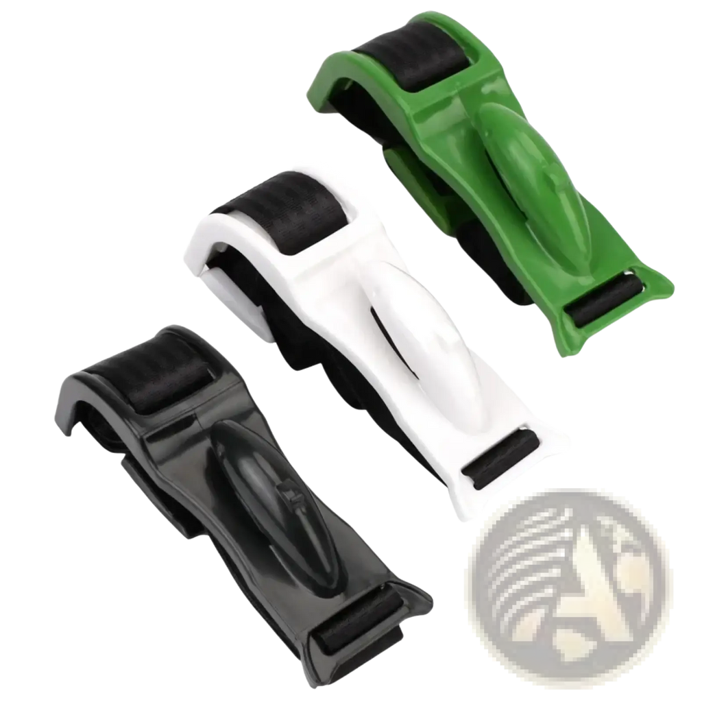 Set of three plastic maternity bump protector luggage straps in green white and black for pregnant car seat belt adjustment
