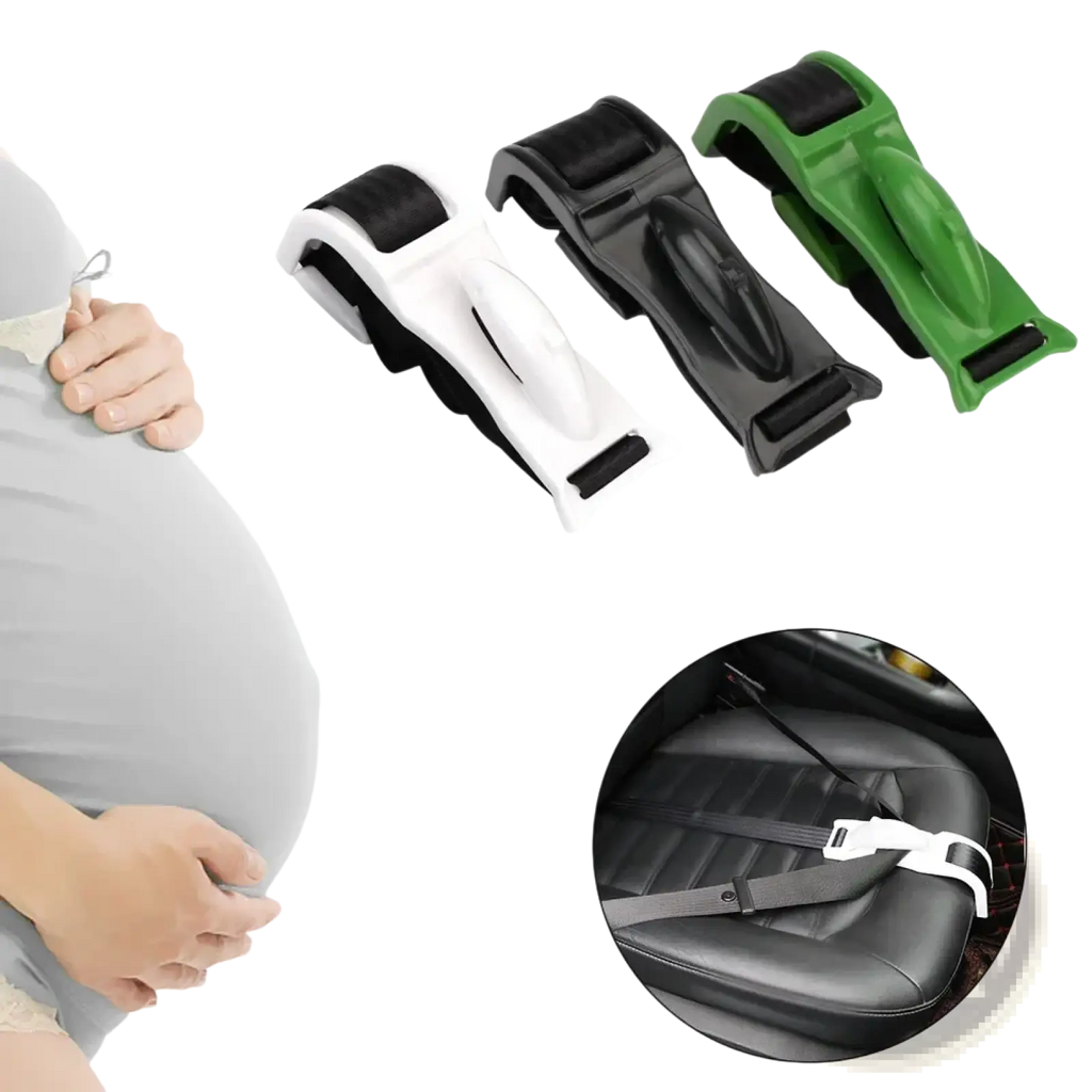 Set of three adjustable pregnant car seat belt tensioners in white black and green plastic with rubberized grips