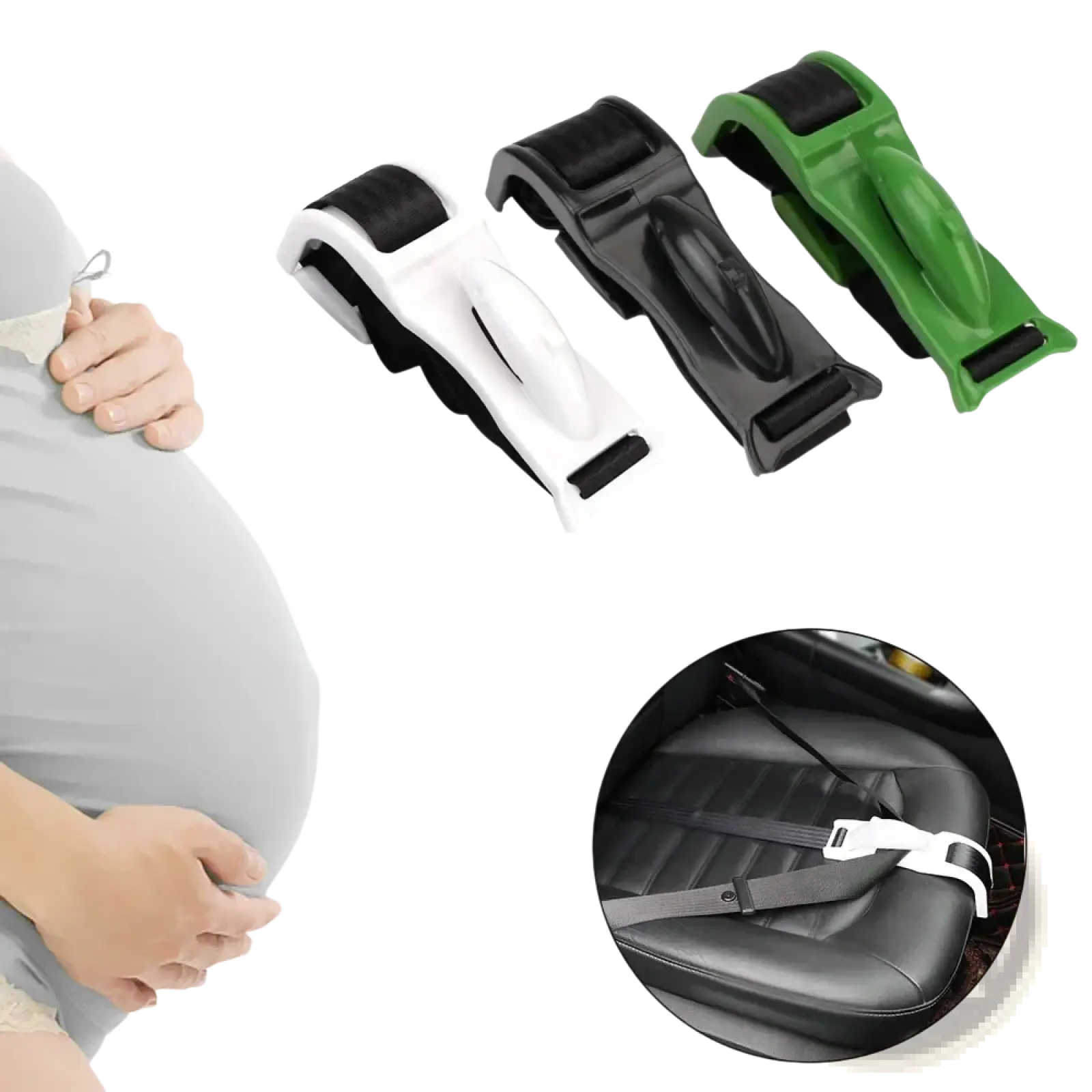 Set of three adjustable pregnant car seat belt tensioners in white black and green plastic with rubberized grips