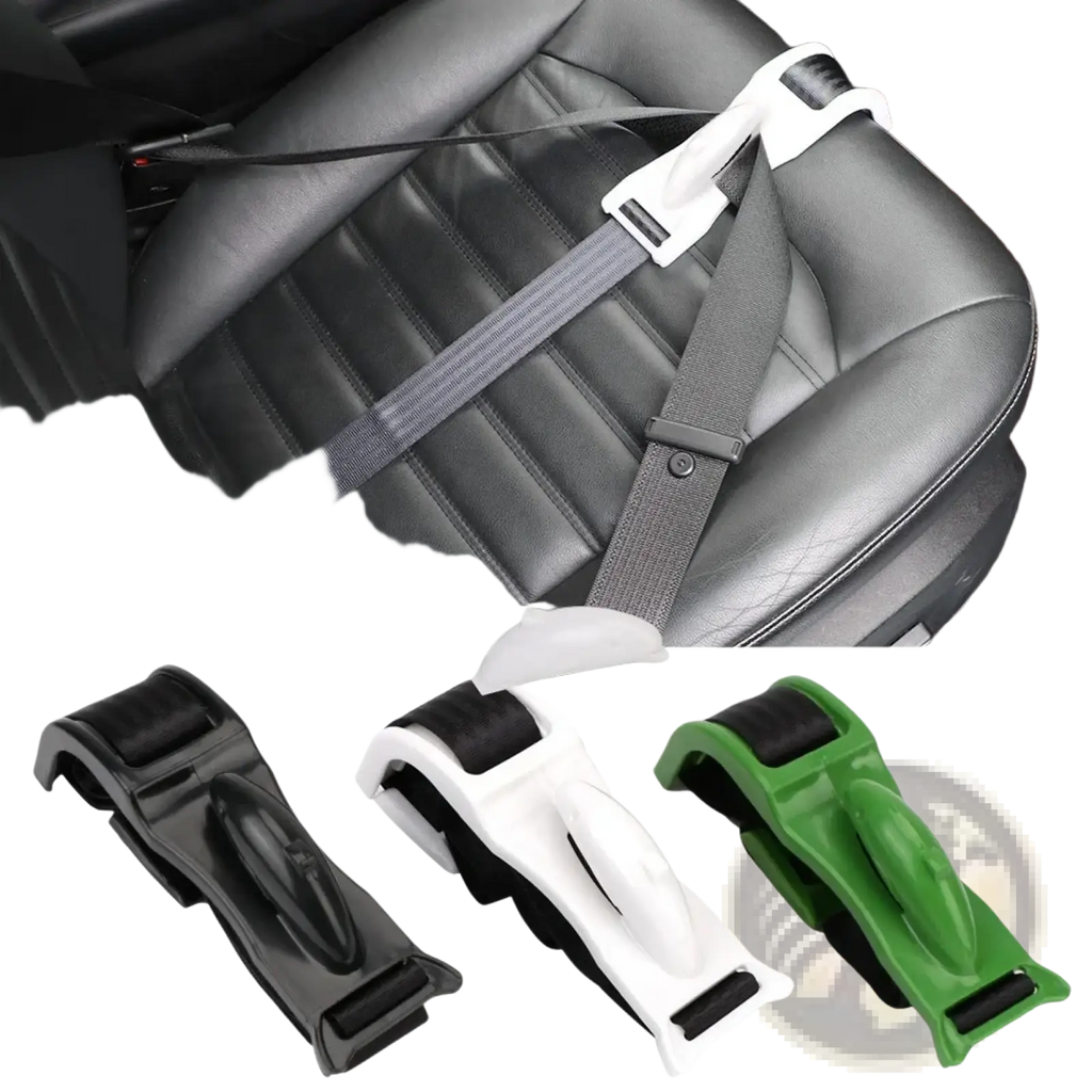 Pregnant car seat belt adjuster maternity bump protector with black rubberized grips in black white and green plastic