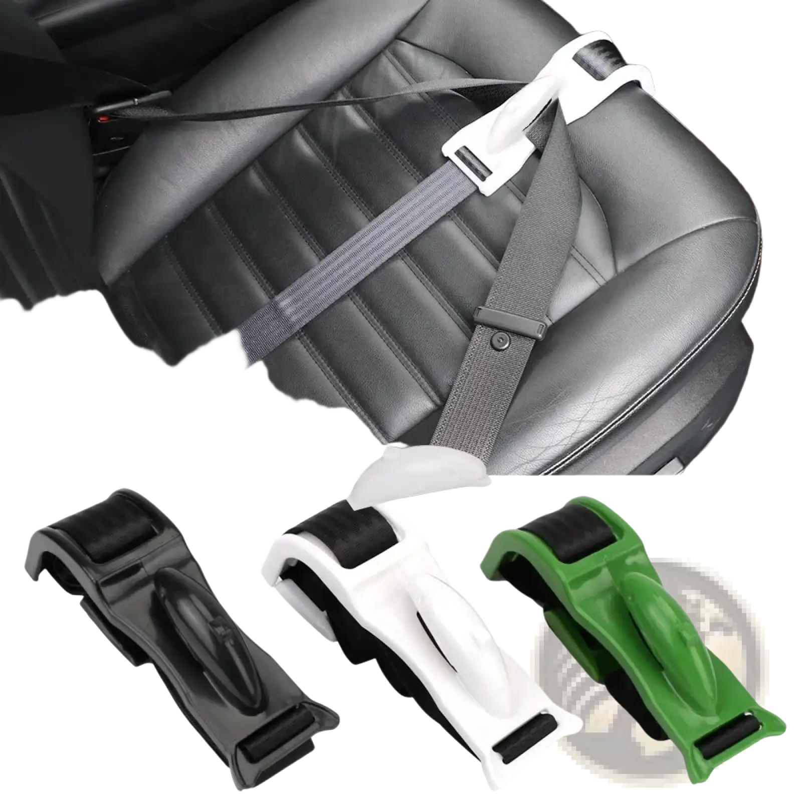 Pregnant car seat belt adjuster maternity bump protector with black rubberized grips in black white and green plastic