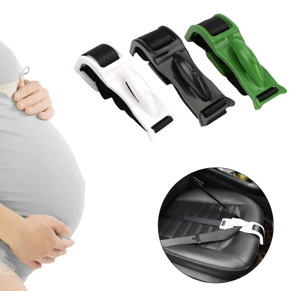 Set of three adjustable pregnant car seat belt tensioners in white black and green plastic with rubberized grips