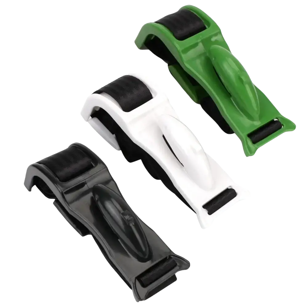 Set of three plastic maternity bump protector luggage straps in green white and black for pregnant car seat belt adjustment
