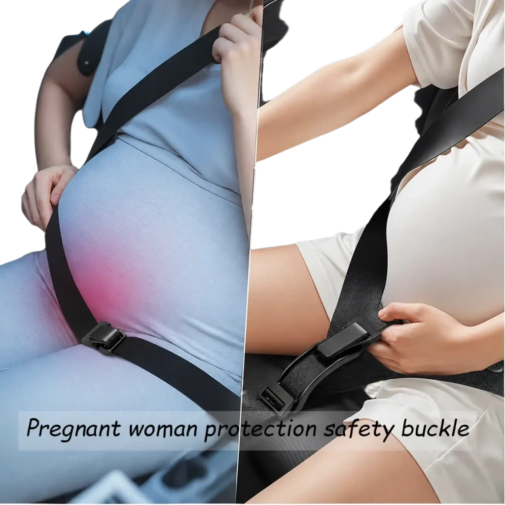 Black adjustable pregnant car seat belt adjuster with padded strap and secure clip for maternity safety during travel