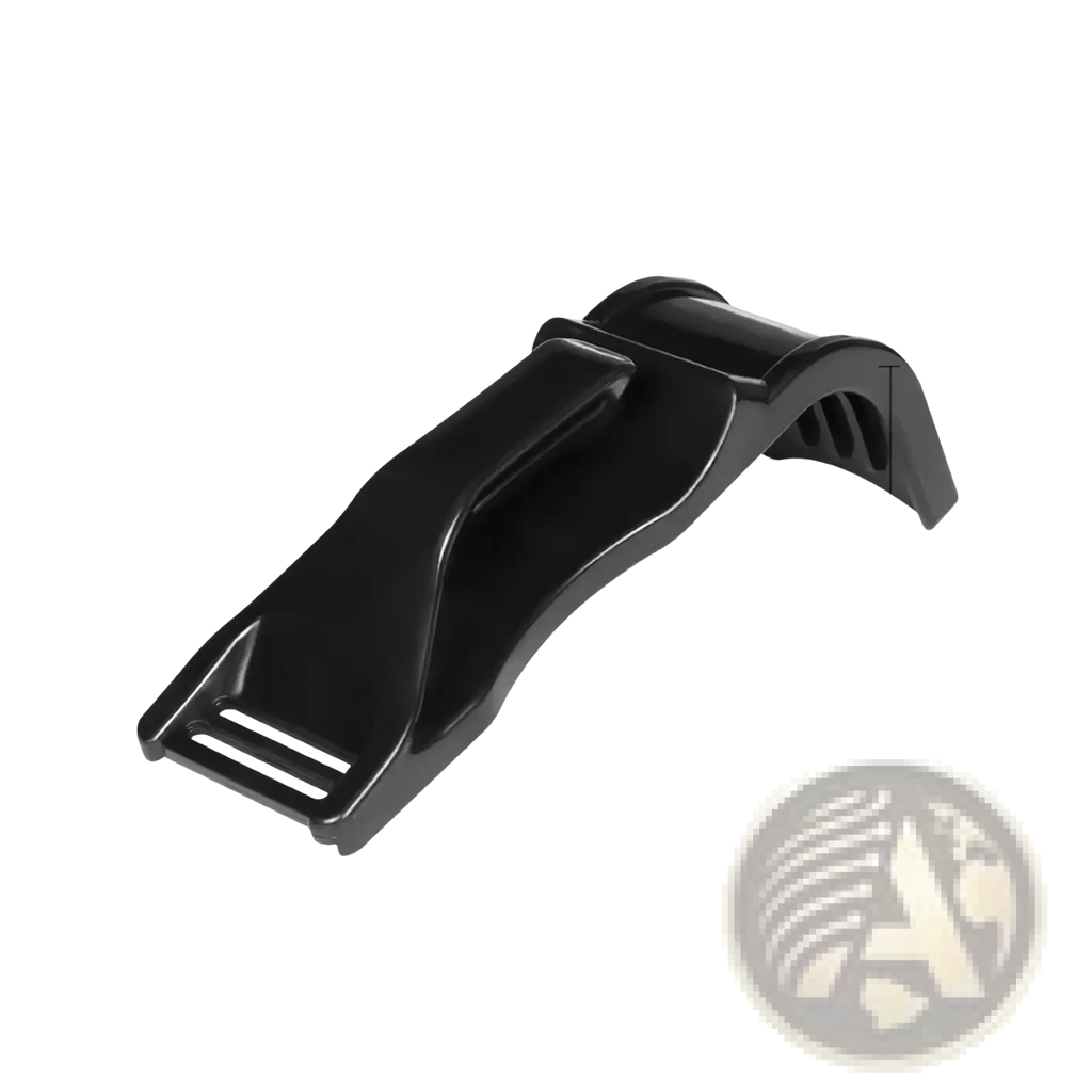 Black plastic belt buckle with curved ergonomic design and two slots for strap attachment in maternity safety strap