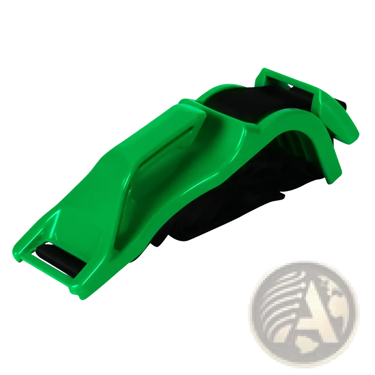 Pregnant car seat belt adjuster with a bright green plastic buckle and black elastic strap for maternity safety