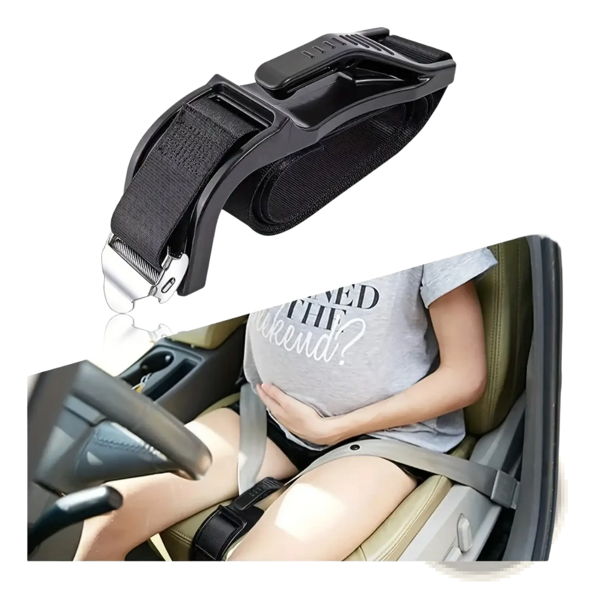 Black plastic and fabric pregnant car seat belt maternity safety adjuster with silver metal buckle for comfort and safety