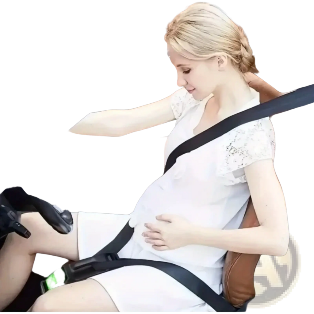 White lace maternity dress with short sleeves and fitted bodice shown with pregnant car seat belt maternity safety adjuster