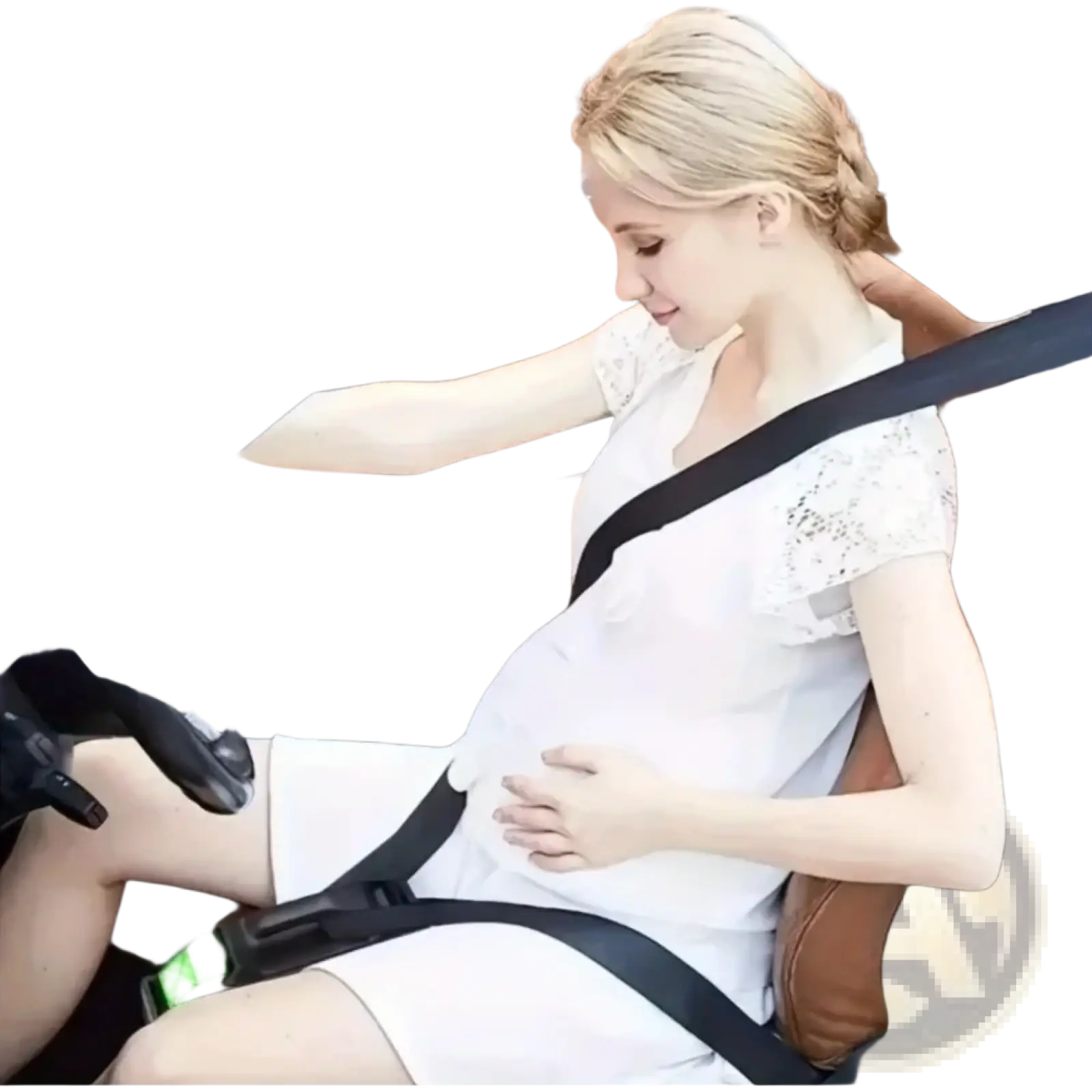 White lace maternity dress with short sleeves and fitted bodice shown with pregnant car seat belt maternity safety adjuster