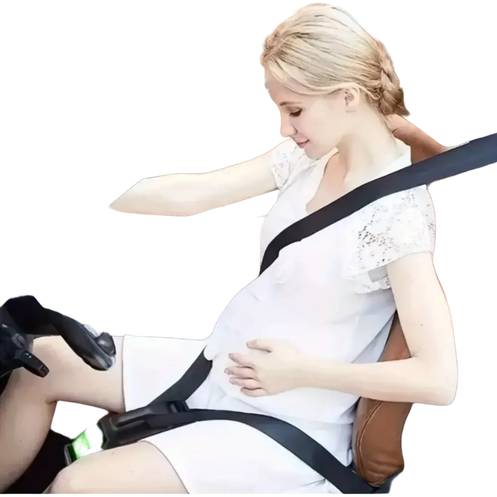 White lace maternity dress with short sleeves and fitted bodice shown with pregnant car seat belt maternity safety adjuster