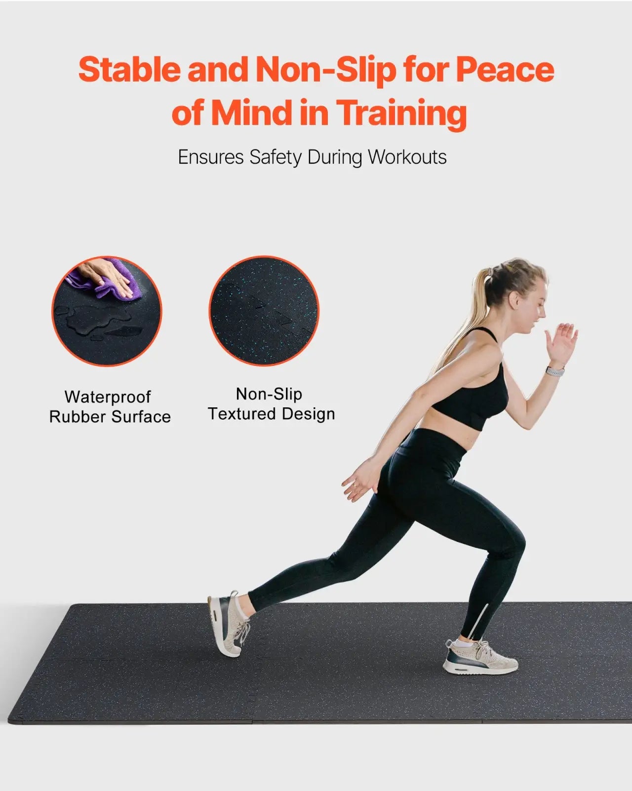 Black rubber exercise mat with textured non-slip surface and waterproof design from premium interlocking gym tiles pack