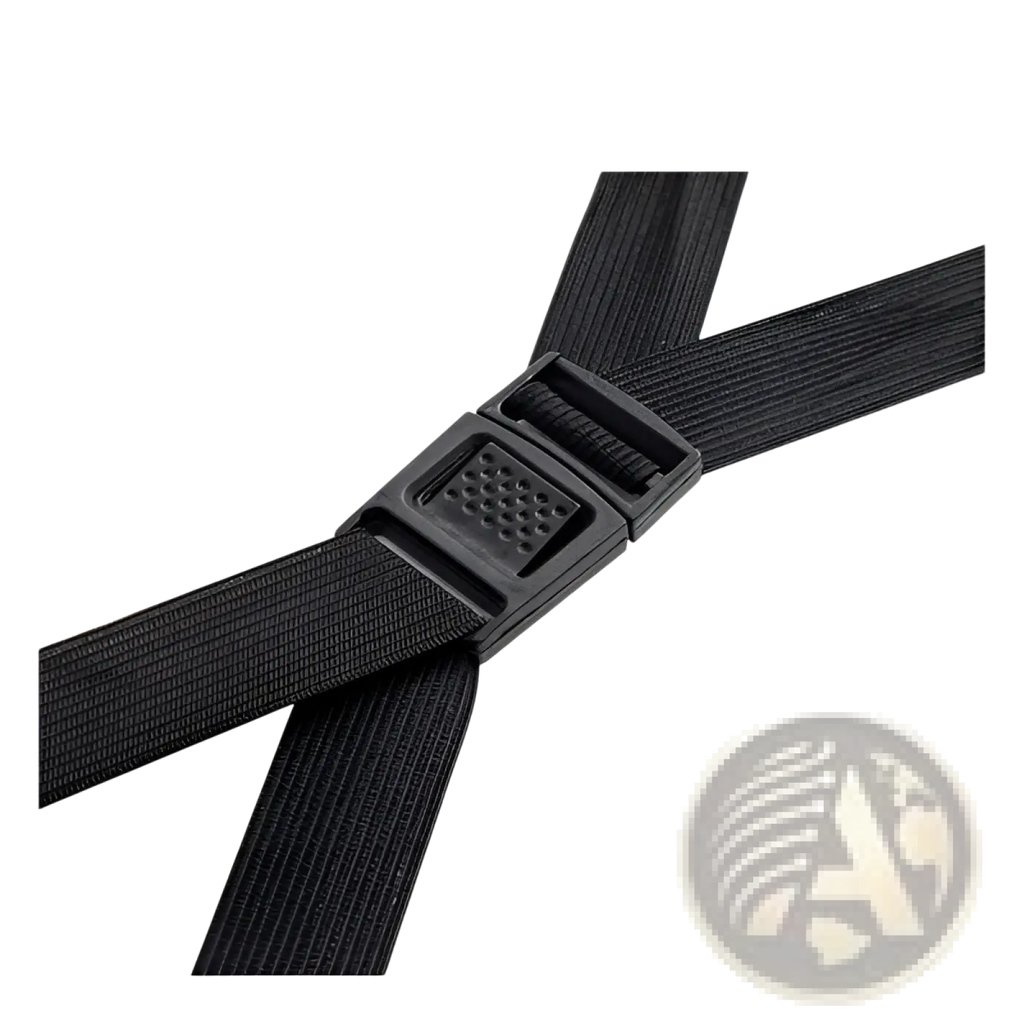 Black elastic cross strap with a textured grip black plastic buckle on premium 3 piece pp hardshell spinner suitcase set