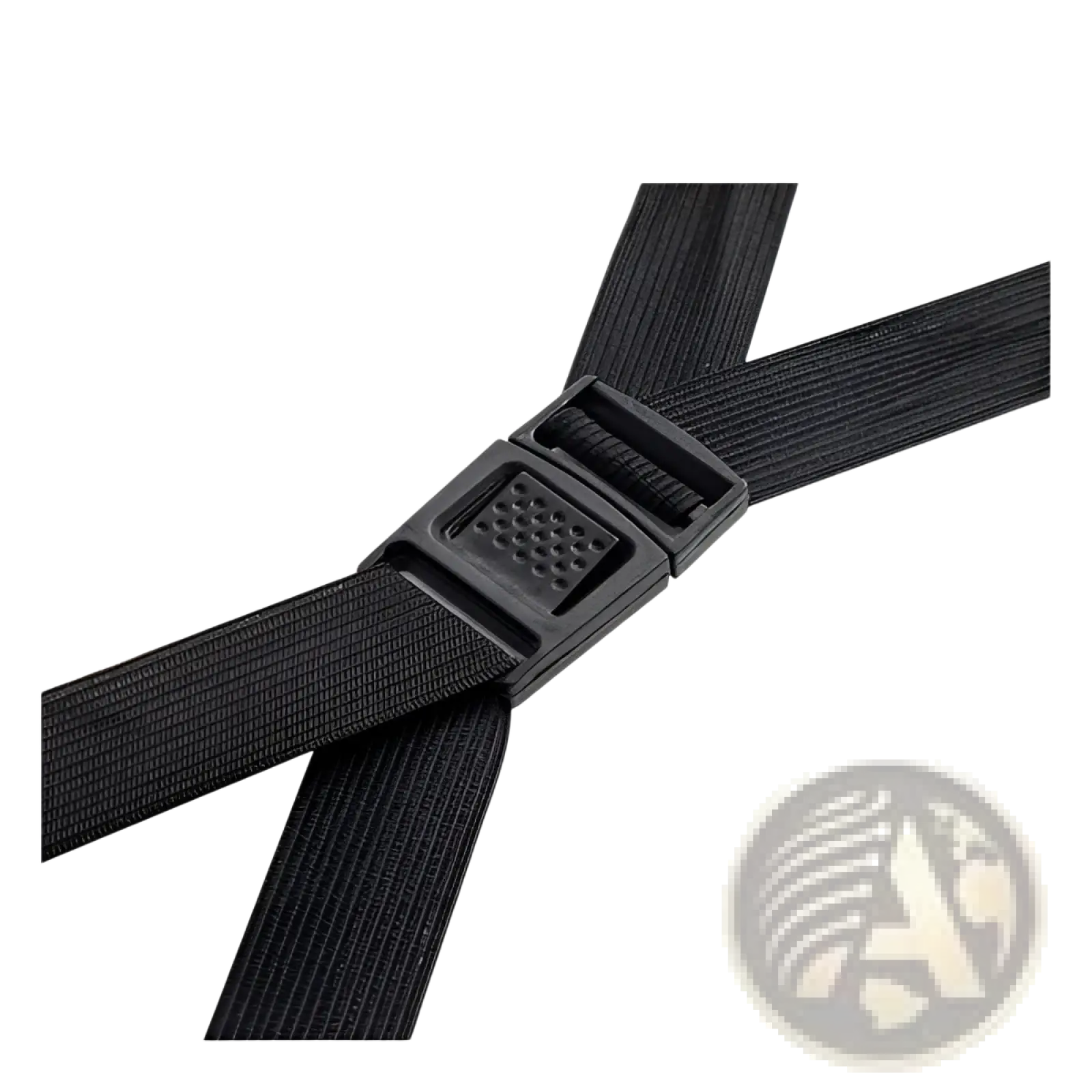 Black elastic cross strap with a textured grip black plastic buckle on premium 3 piece pp hardshell spinner suitcase set