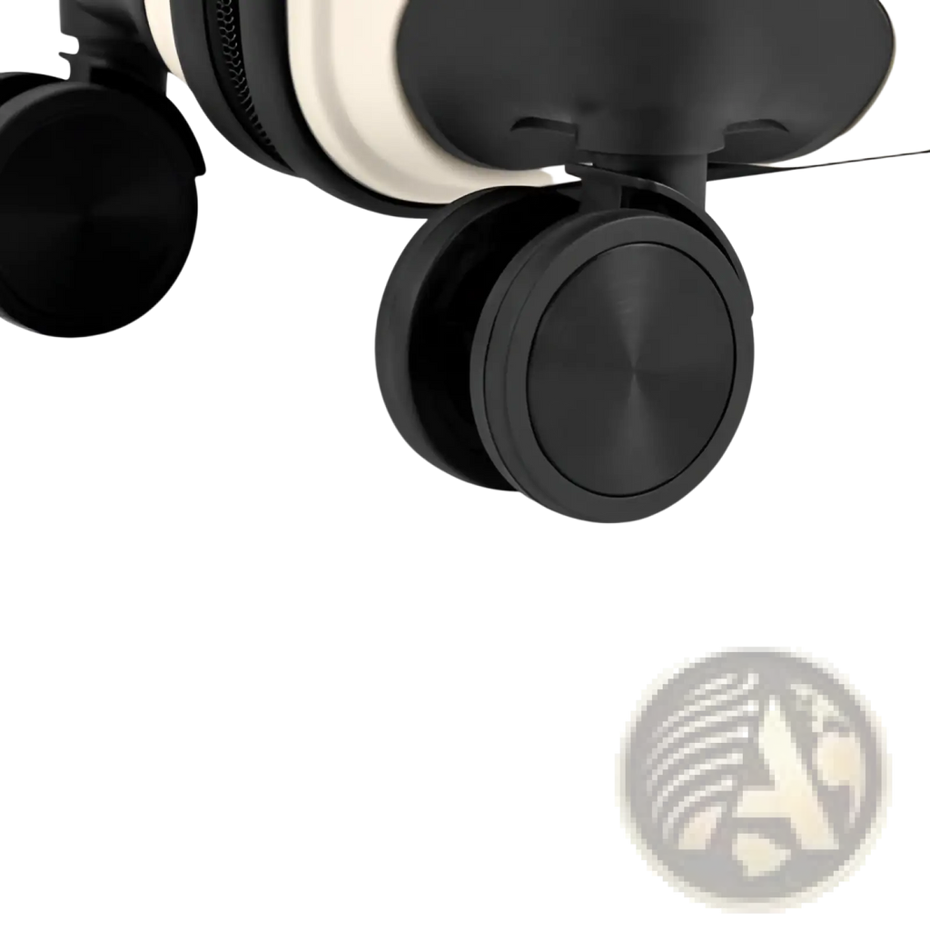 Black dual-wheel spinner suitcase wheels with matte finish and sturdy construction on premium 3 piece pp hardshell set