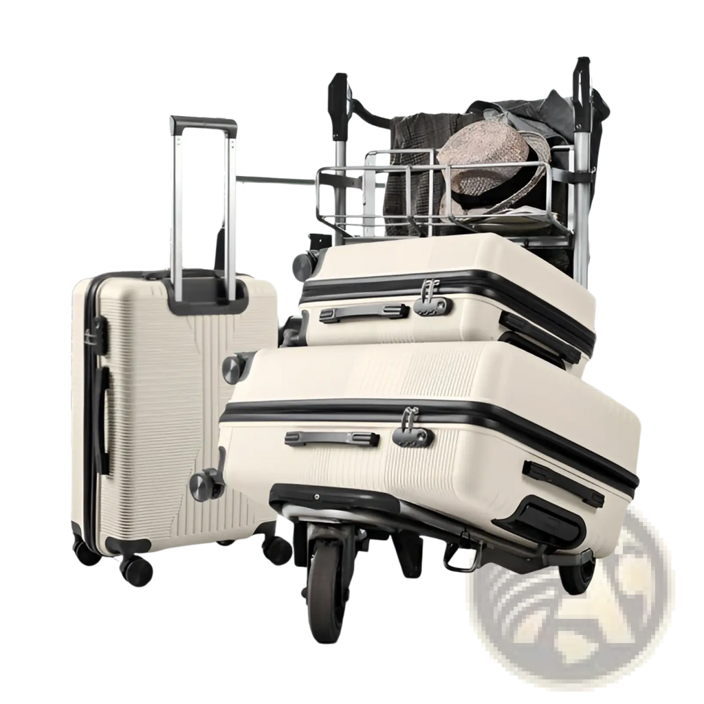 Cream-colored premium 3 piece pp hardshell spinner suitcase set with black trim and textured surfaces