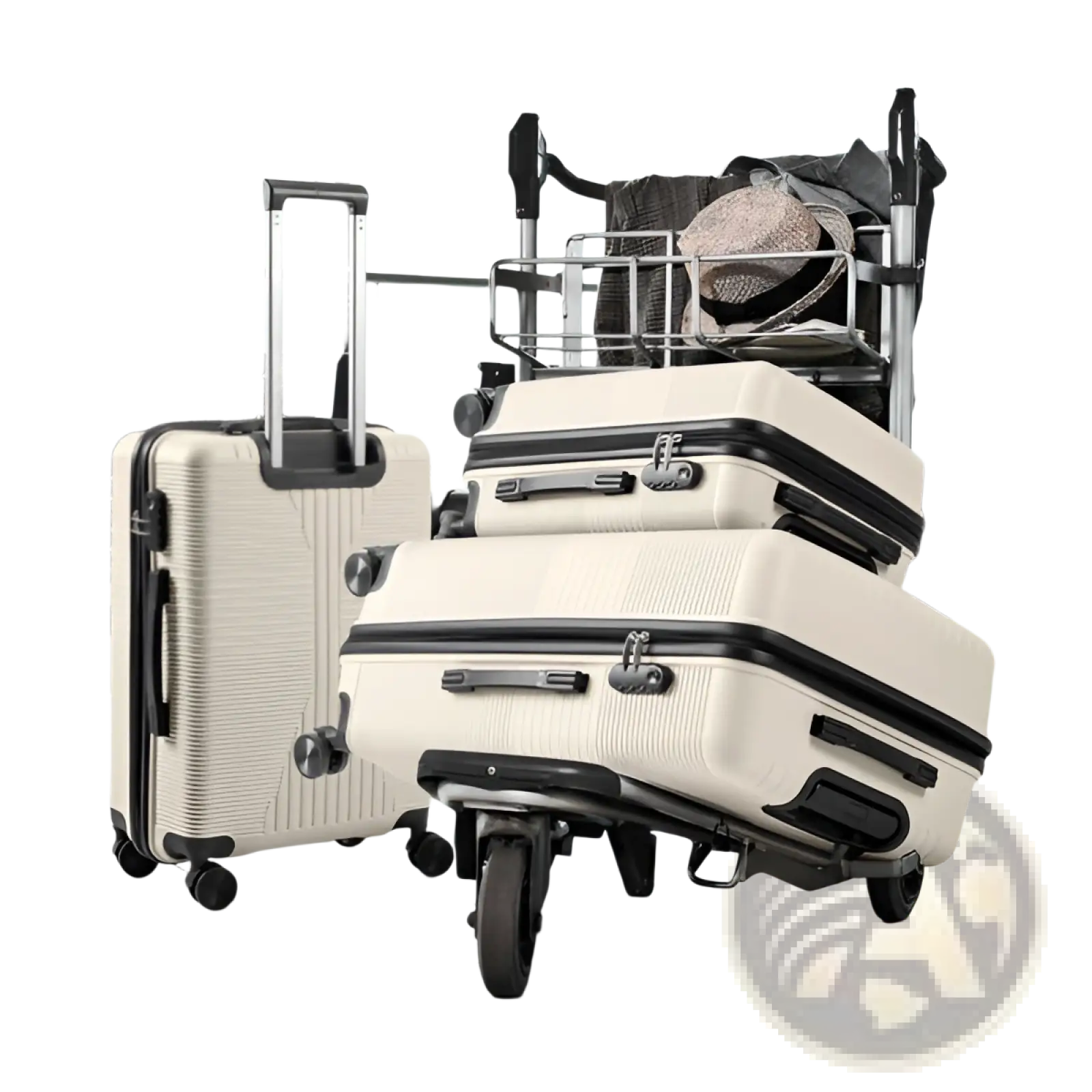 Cream-colored premium 3 piece pp hardshell spinner suitcase set with black trim and textured surfaces