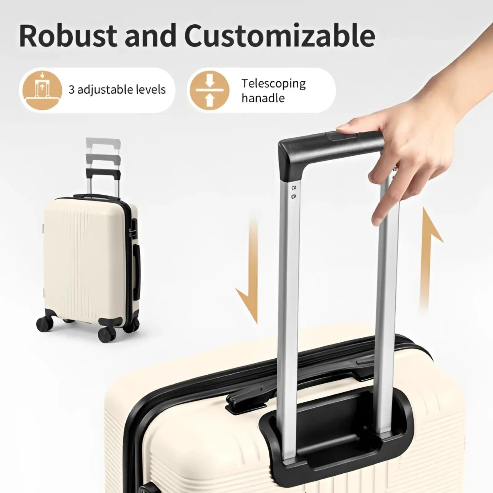 Cream-colored premium pp hardshell spinner suitcase with black telescoping handle and wheels from a 3 piece set