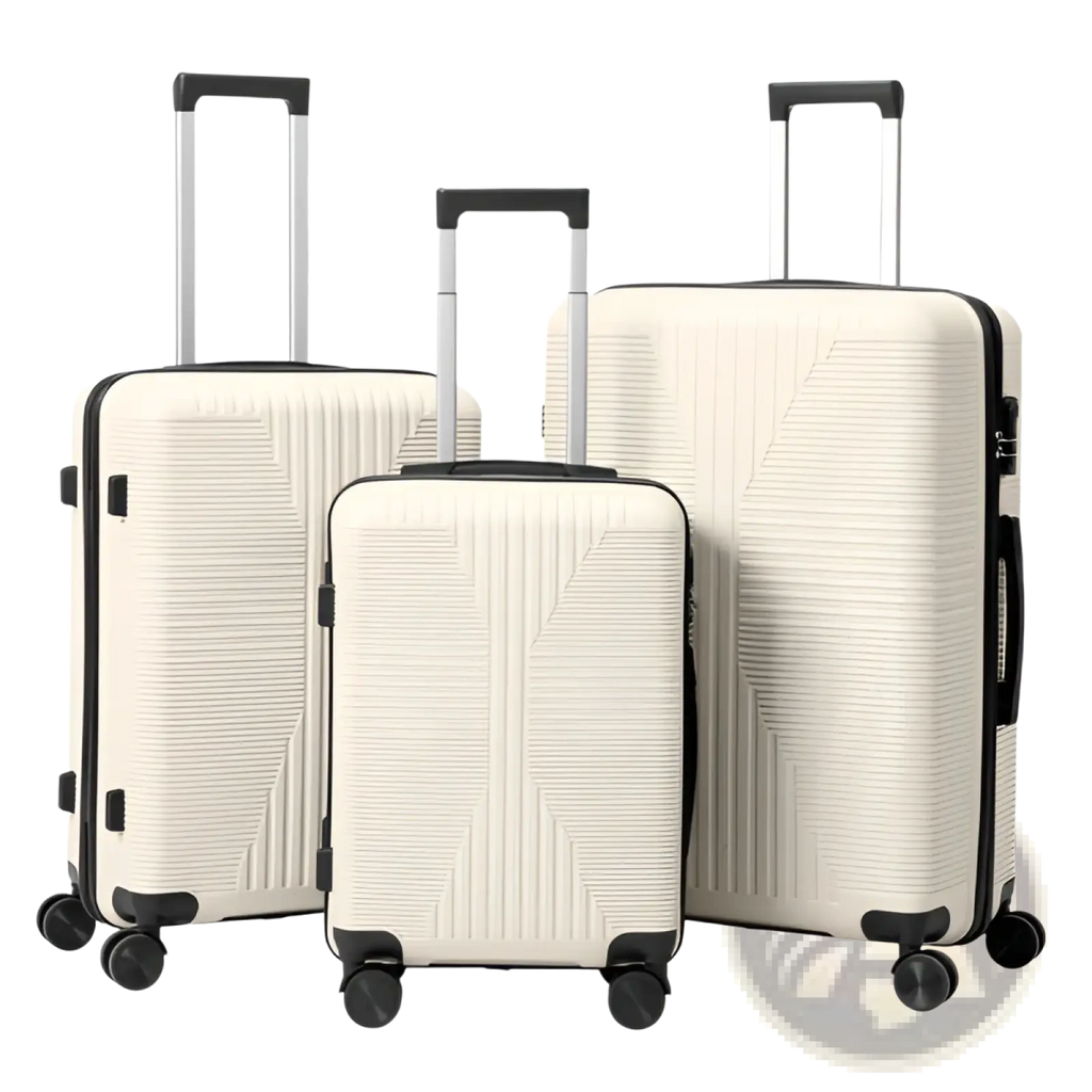 Set of three cream-colored premium pp hardshell spinner suitcases with black trim and textured vertical ridges