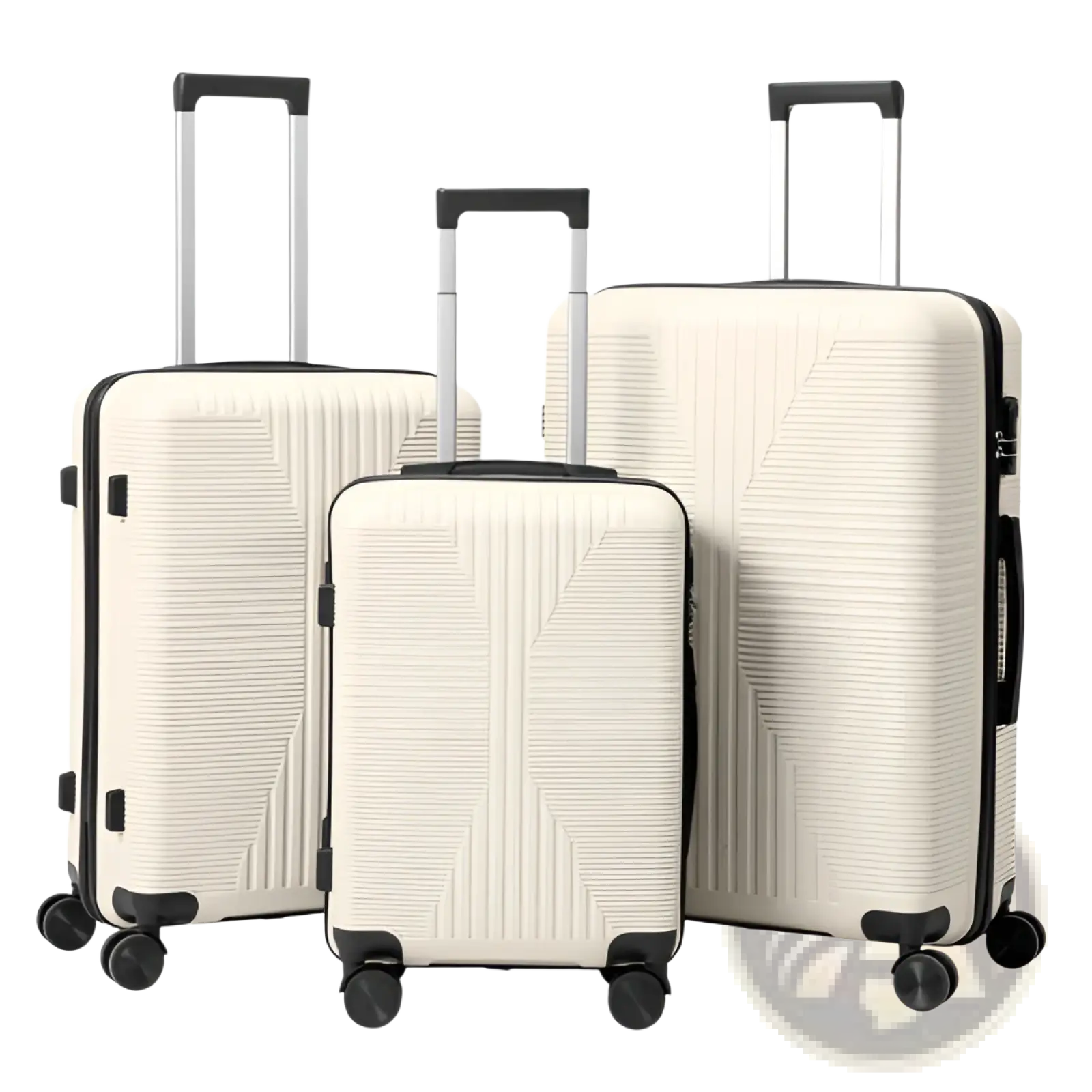 Set of three cream-colored premium pp hardshell spinner suitcases with black trim and textured vertical ridges