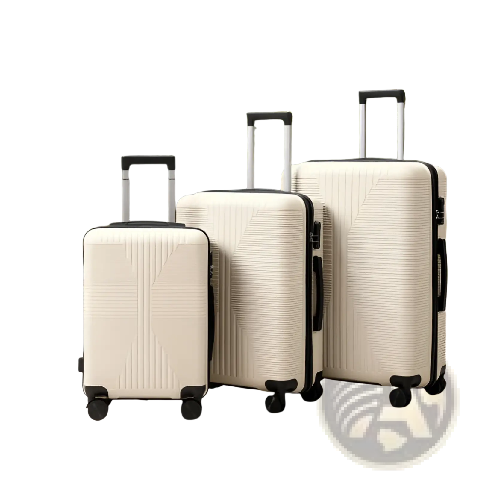 Set of three cream-colored pp hardshell spinner suitcases with geometric ribbed patterns and black trim