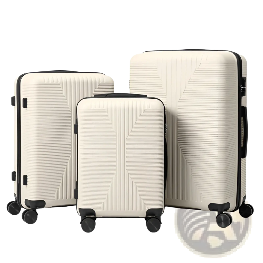 Premium 3 piece pp hardshell spinner suitcase set in beige with black trim and wheels for easy mobility and durability