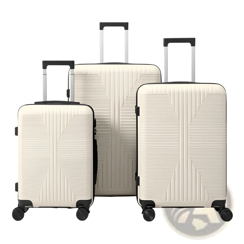Set of three cream-colored premium pp hardshell spinner suitcases with geometric ribbed patterns and black accents