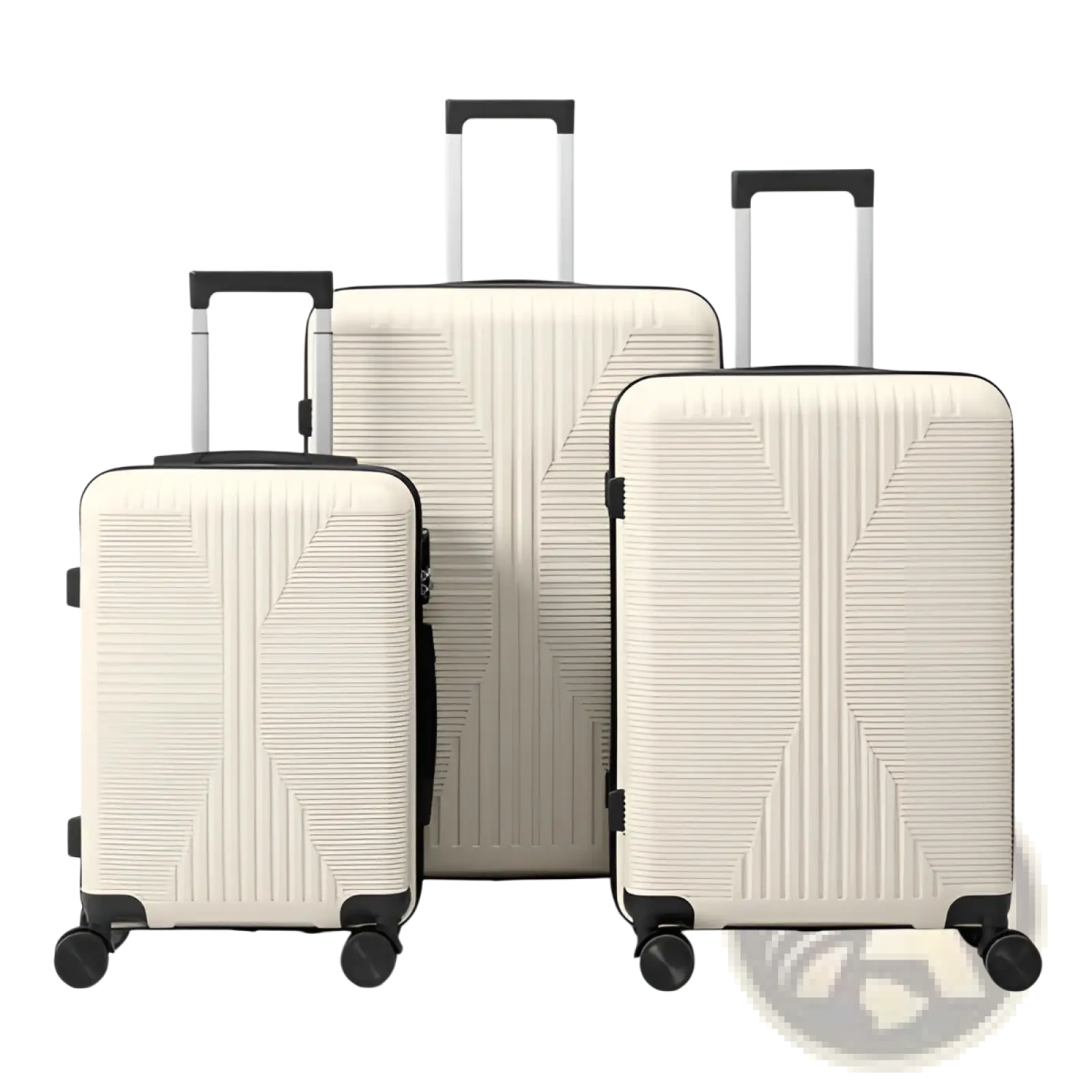 Set of three cream-colored premium pp hardshell spinner suitcases with geometric ribbed patterns and black accents