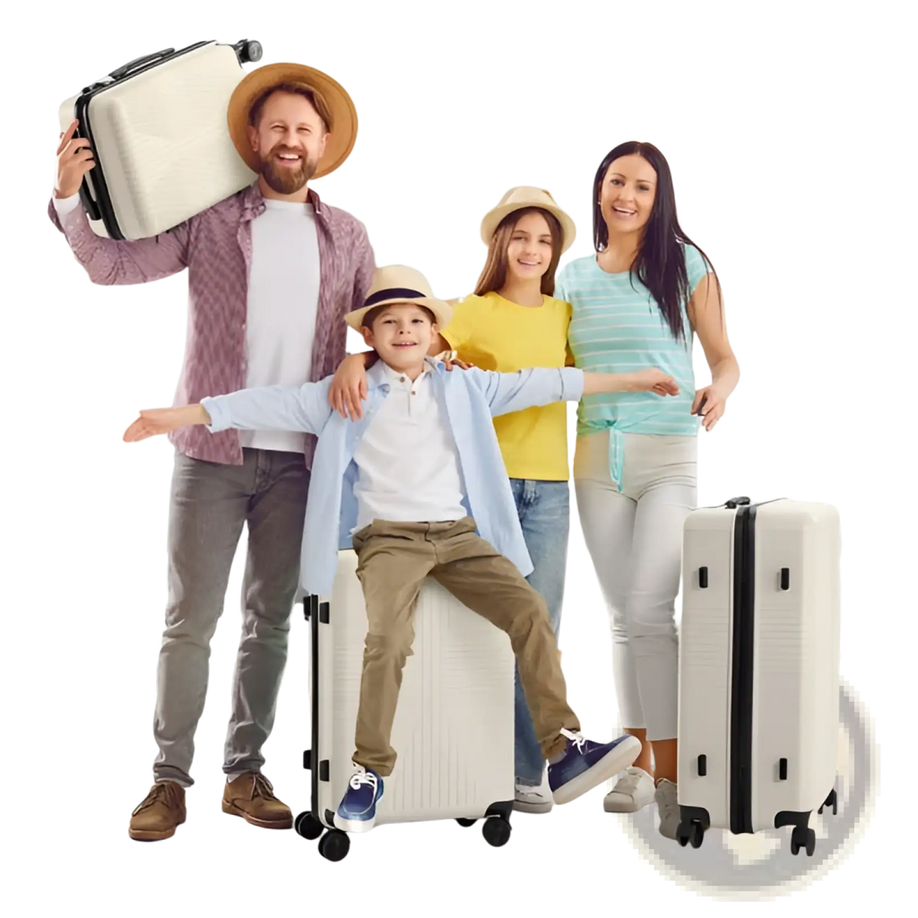 White hard-shell premium spinner suitcase with black trim and wheels from a 3 piece pp hardshell set