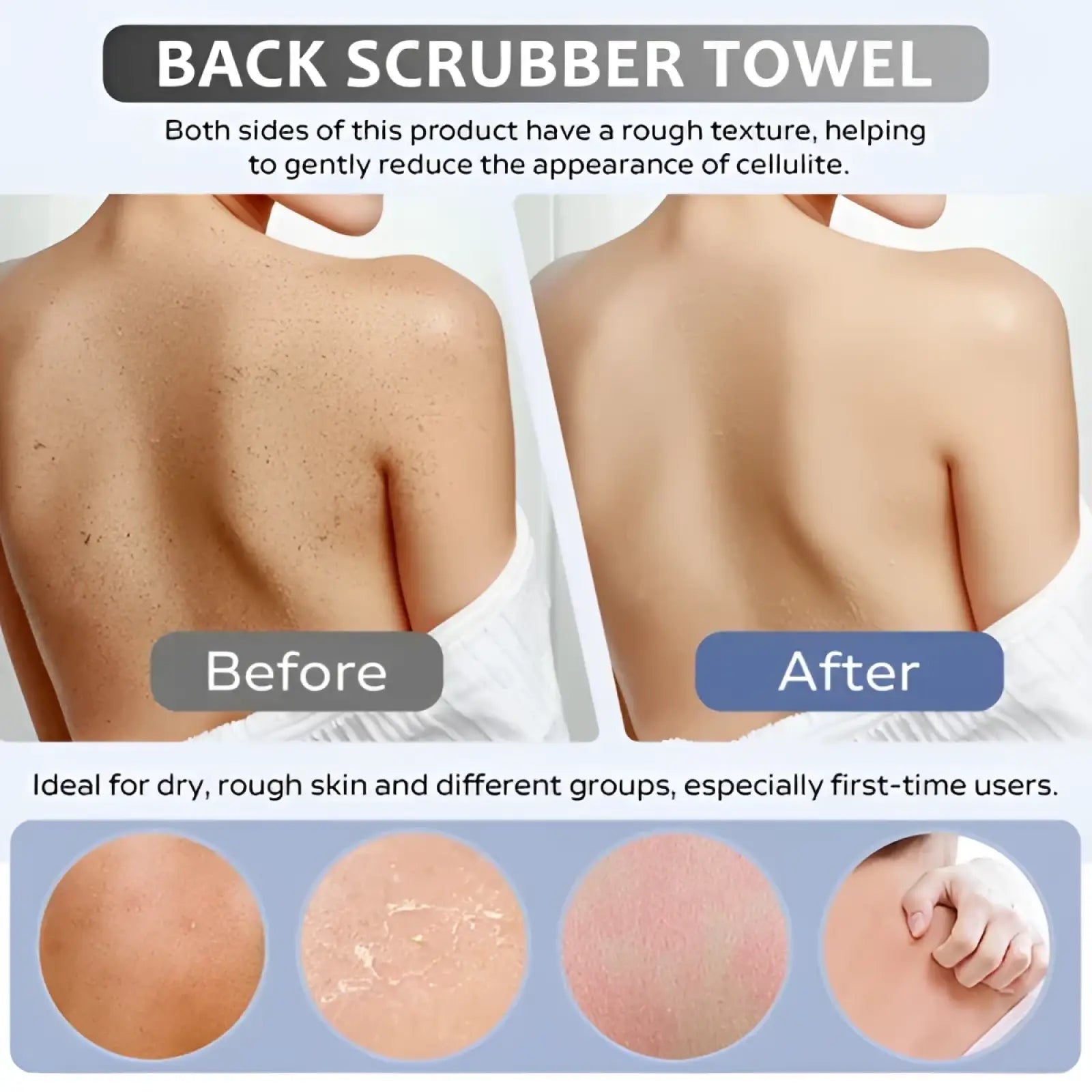 White premium bamboo fiber exfoliating back scrubber towel with rough texture on both sides shown from the back side